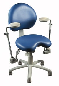 blue dental chair with unique, fully articulating elbow rests.