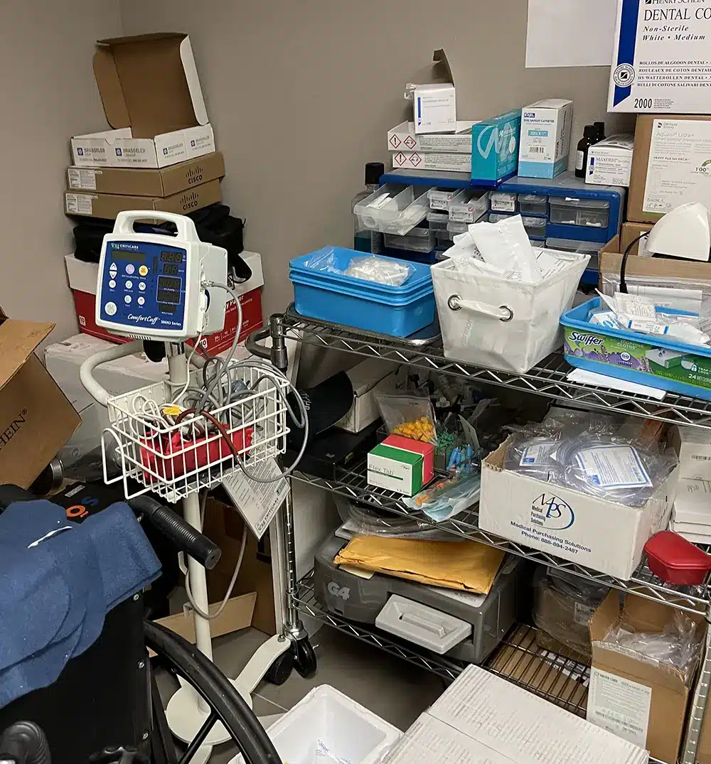 a messy closet filled with dental supplies
